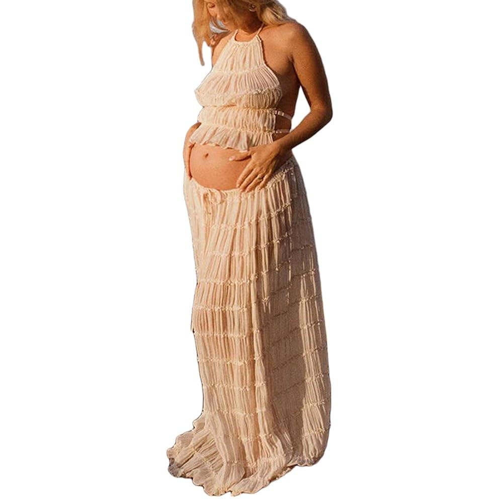 Conjunto de falda larga de maternidad de encaje blanco para mujer, 2 piezas, trajes de verano con... | Amazon (US)