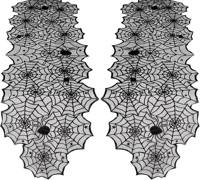 Black Halloween Table Runner Decor: Spider Web Black Table Linens 2 Packs 18 x 72 Inches Lace Run... | Amazon (US)