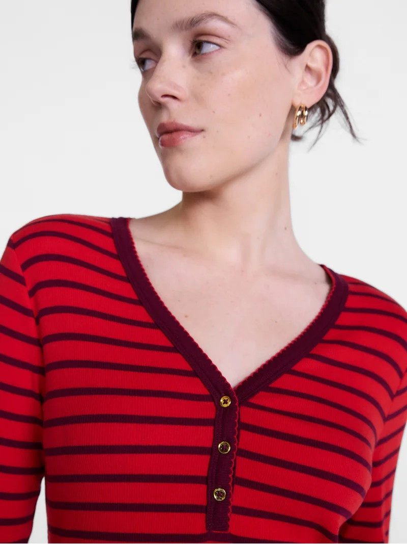 Scenario Women's and Women's Plus Striped Henley Shirt with Long Sleeves, Sizes XS-4X | Walmart (US)