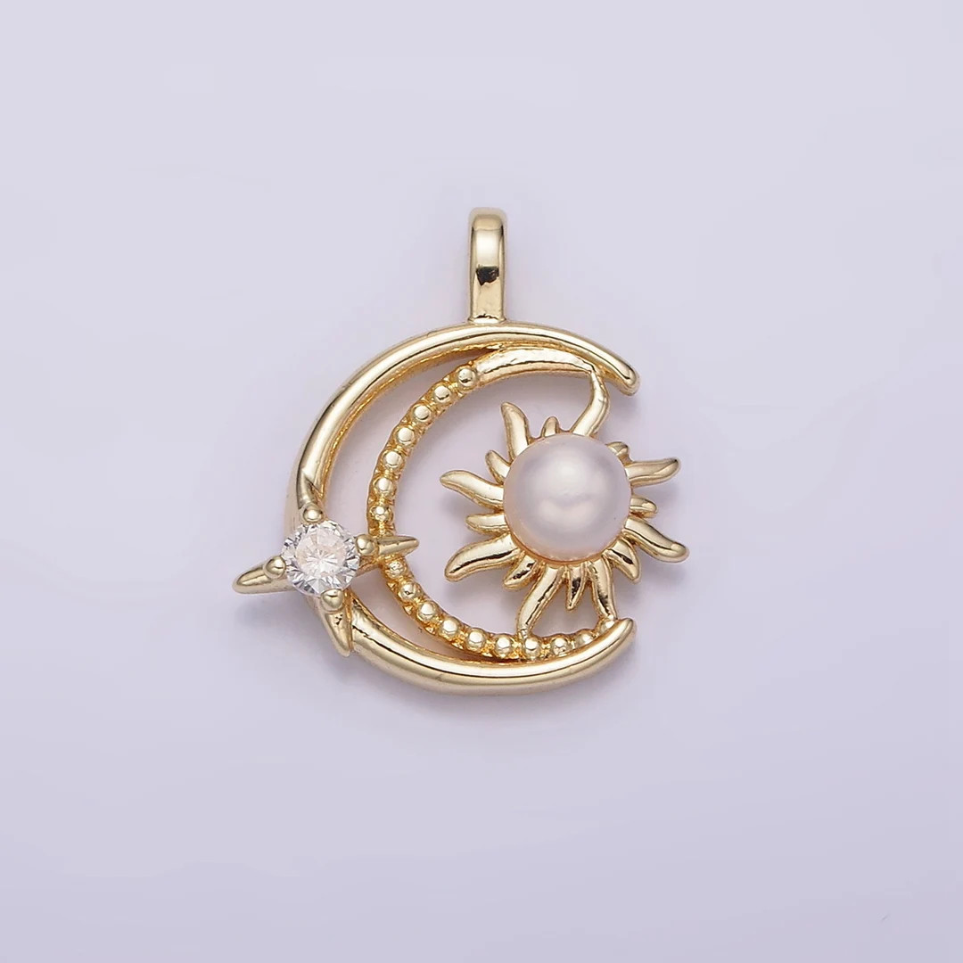 14K Gold Filled Celestial Beaded Crescent Moon Pearl Sun CZ Star Pendant AA633 - Etsy | Etsy (US)