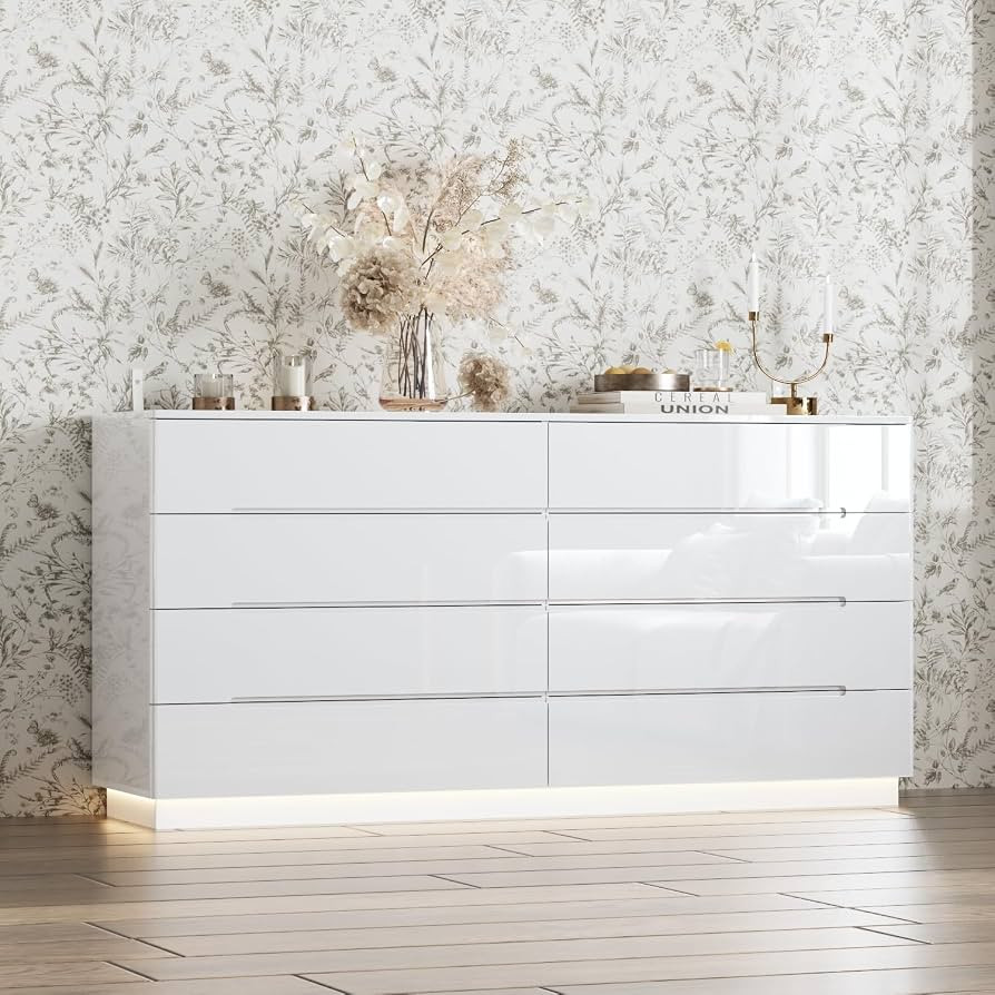 White Drawer Dresser with LED Light, Modern High Gloss Dresser with 8 Drawers, 63" Long Dressers ... | Amazon (US)