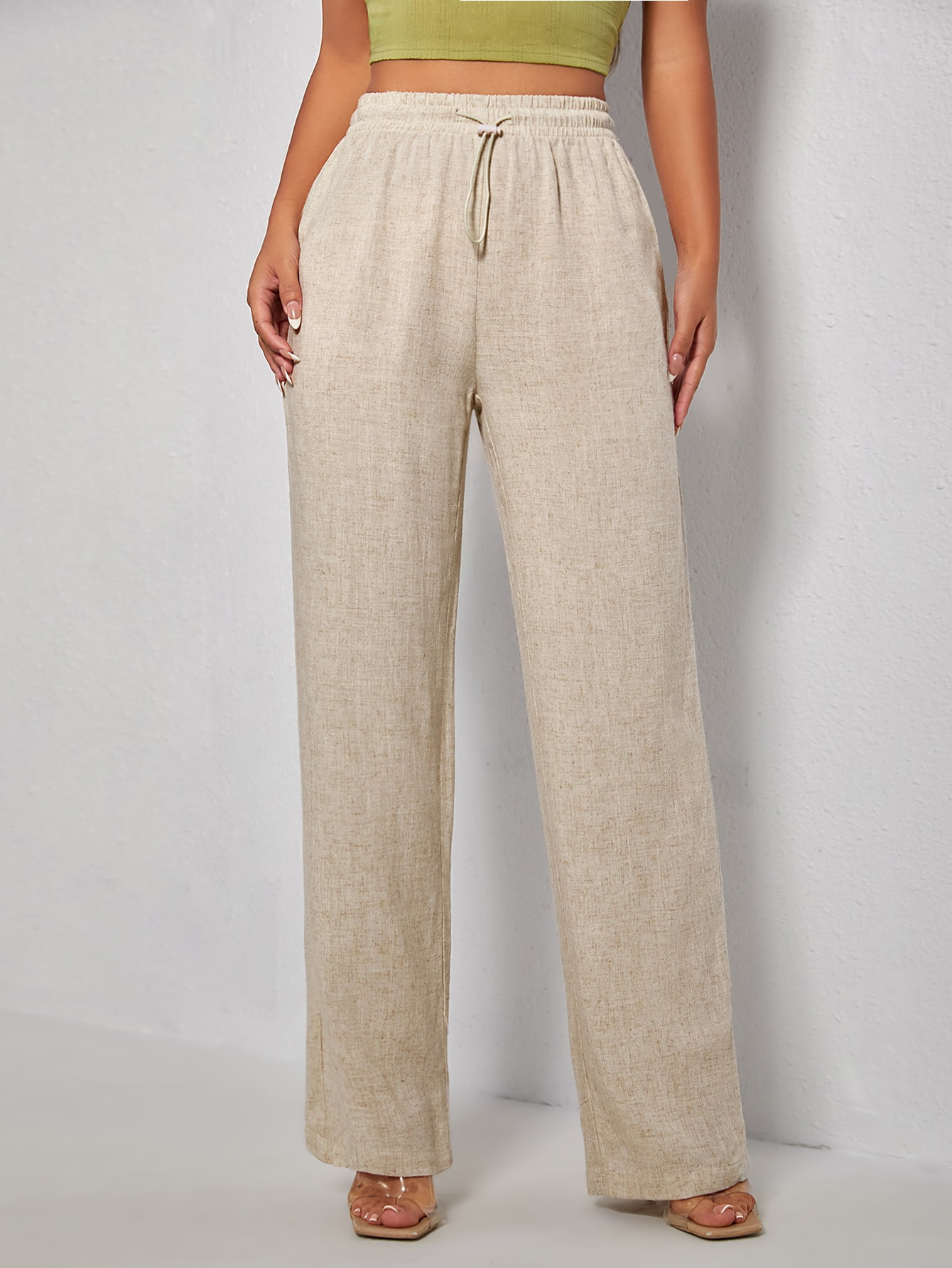 SHEIN PETITE Drawstring Waist Straight Leg Pants | SHEIN