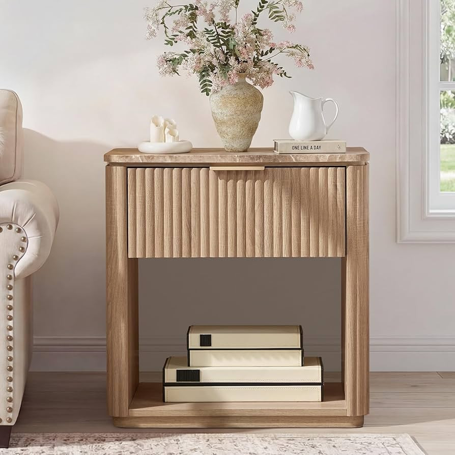 Fluted Night Stand, 23" W Nightstand with Drawer, Wood Bed Side Table with Faux Marble-Top, Curve... | Amazon (US)