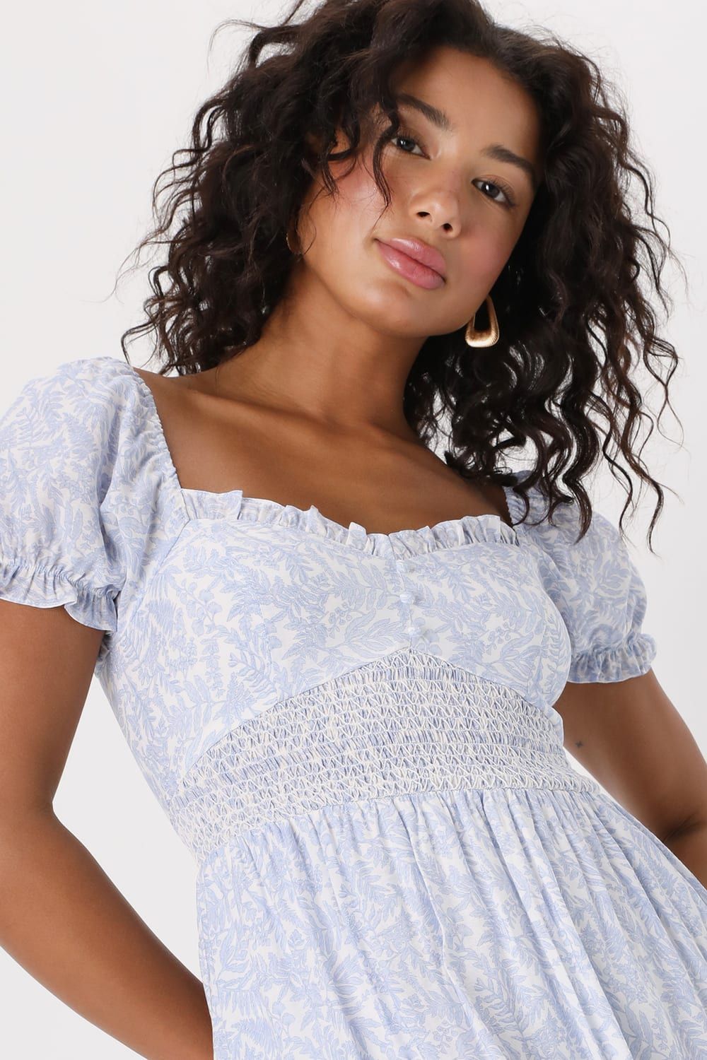 Dreamy Darling Blue and White Floral Puff Sleeve Midi Dress | Lulus