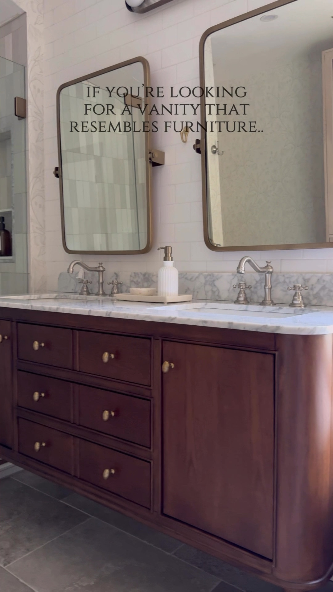 this vanity from home depot is GORGEOUS!!! the rounded edges and legs, the trim detail and the dark walnut tone.  around $1000 for this 60” vanity 

#LTKHome #LTKSaleAlert