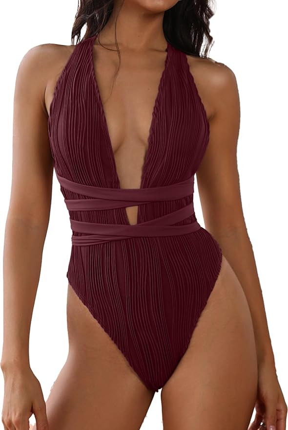 ZAFUL Women's One Piece Swimsuit Deep V Neck Ribbed Self Tie Sexy High Cut Bathing Suit Crisscros... | Amazon (US)
