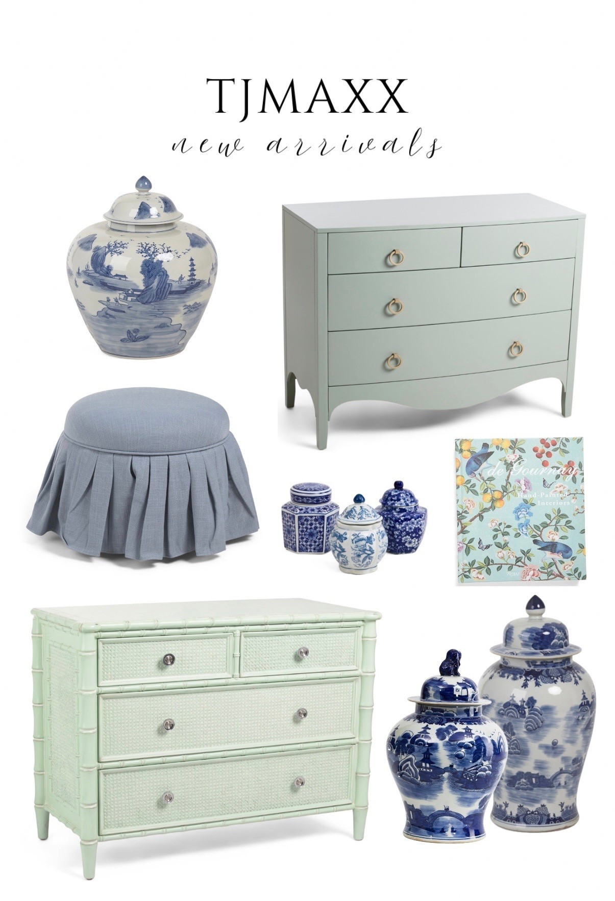 Tjmaxx + Marshalls new arrivals 💙 lots of blue and white finds! Designer dresser (wildwood), ruffle ottoman, interior design books, ginger jars, temple jar, #tjmaxx