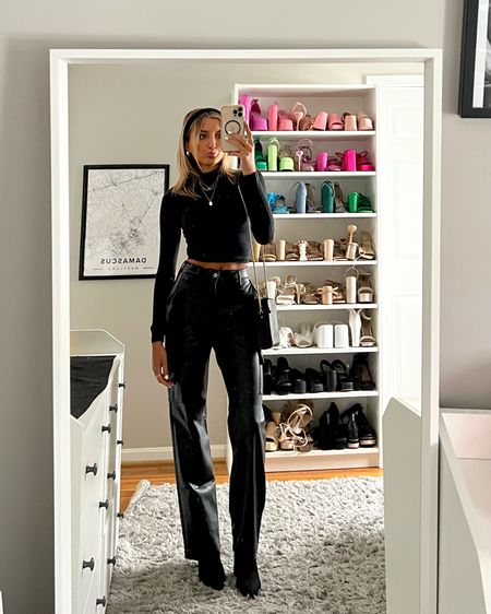Easy casual winter outfit ideas for dinner and drinks, date night, or the bars featuring Hollister new arrivals. 

Wearing leather pants in size 000 regular  (also available on short/long) and basic mock neck tee in size XS 

#LTKU #LTKsalealert #LTKover40