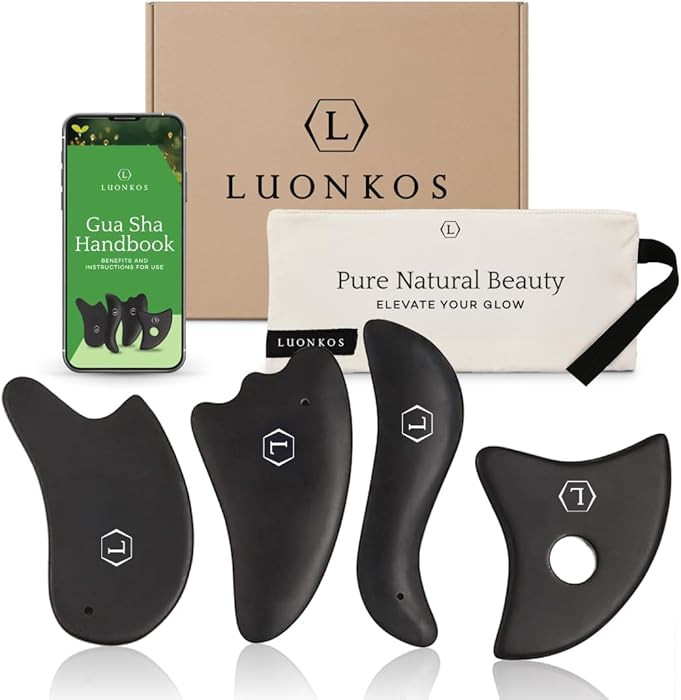 LUONKOS Gua Sha Facial Tools - Set of 4 Black - Large Bian Stone Guasha Tool for Face Sculpting -... | Amazon (US)