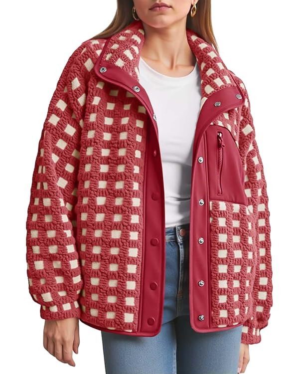 Tankaneo Womens Plaid Sherpa Jacket Fuzzy Fleece Stand Collar Button Down Jacket Winter Warm Oute... | Amazon (US)