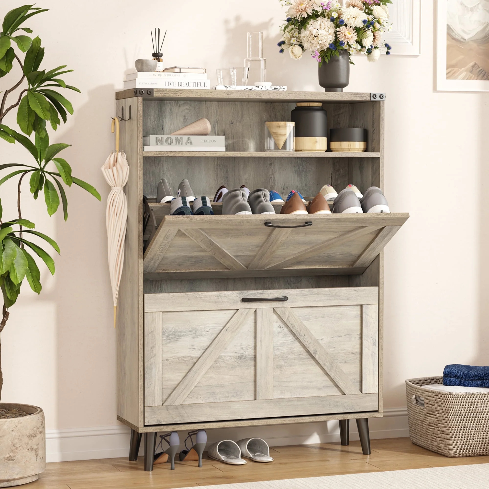 Veanerwood Shoe Cabinet with 2 Flip Drawers Farmhouse Shoe Storage Cabinet Organizer for Entryway... | Walmart (US)