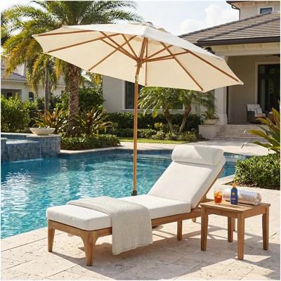 Acacia Wood Chaise Lounge, Outdoor Sun Lounge Chair, Patio Recliner with Adjustable Backrest and Head Pillow for Poolside, Backyard, Garden, Indoor&Ou | Wayfair North America