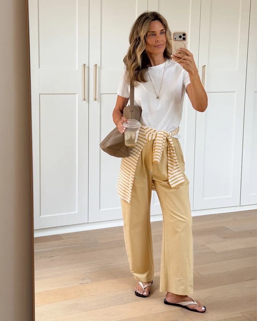 I’m 5’6’’ -poplin pants TTS in the prettiest summer color @Pistola Denim discount code Tammy15 -shoes TTS -bag is a new favorite @Quince - my necklace is adjustable in length and has a white side or blue. #LTKootd

#LTKOver40 #LTKootd