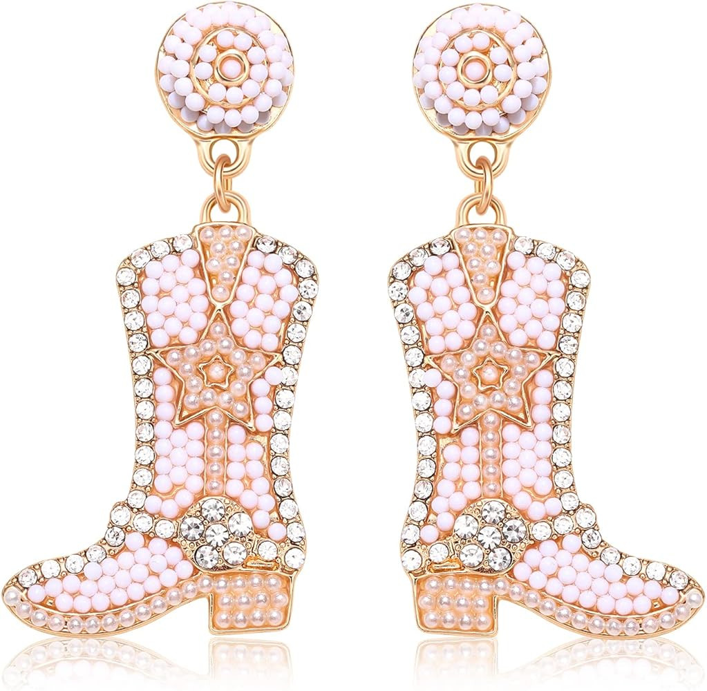 Beaded Cowgirl Boot Earring Western Cowboy Boots Earrings for Women Boho Rhinestone Beads Shoes D... | Amazon (US)