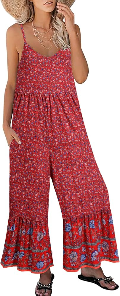 Himosyber Women's Summer Boho Jumpsuits Casual Wide Leg Bib Overalls Floral Print Rompers with Po... | Amazon (US)