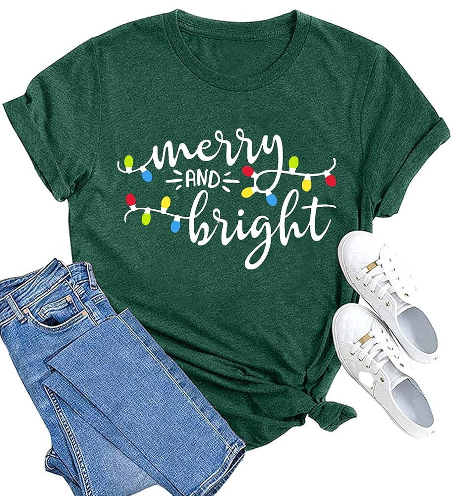 MAIHUN Christmas Shirts Womens Merry and Bright Shirt Xmas Holiday Tshirt Christmas Lights Tee To... | Amazon (US)