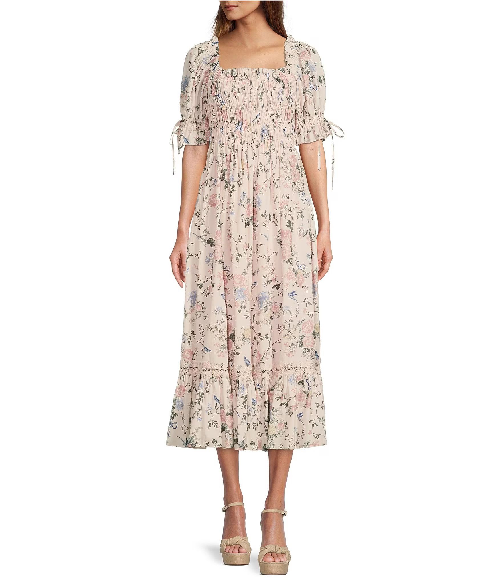 x Born on Fifth Lottie Rose Print Short Sleeve Smocked A-Line Midi Dress | Dillard's