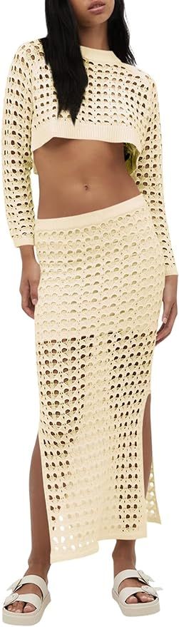 Saodimallsu Womens 2 Piece Swimsuit Cover Up Crochet Knit Beach Mesh y2k Long Sleeve Crop Top Spl... | Amazon (US)