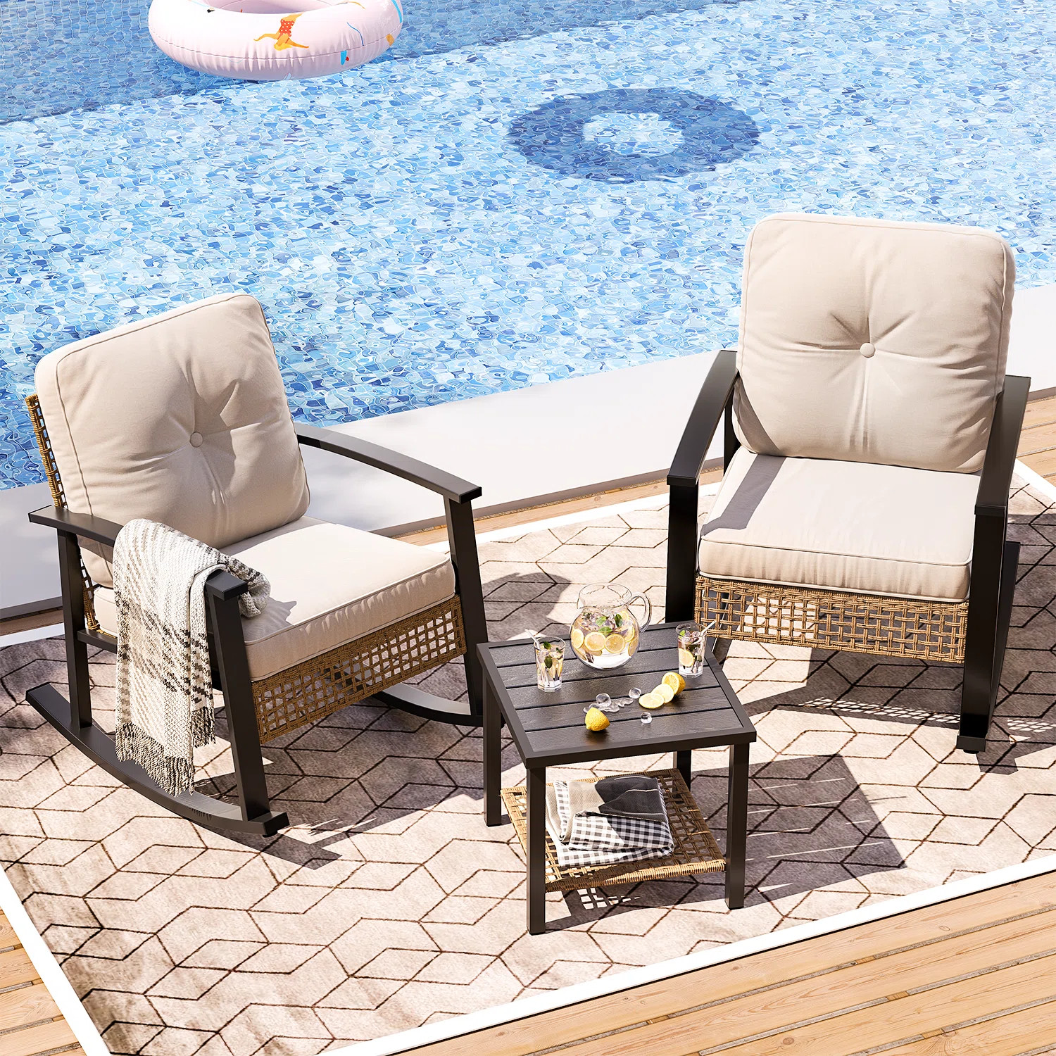 2 - Person Rocking Bistro Set, Patio Rocking Wicker Conversation Set With Cushions, Outdoor Patio... | Wayfair North America