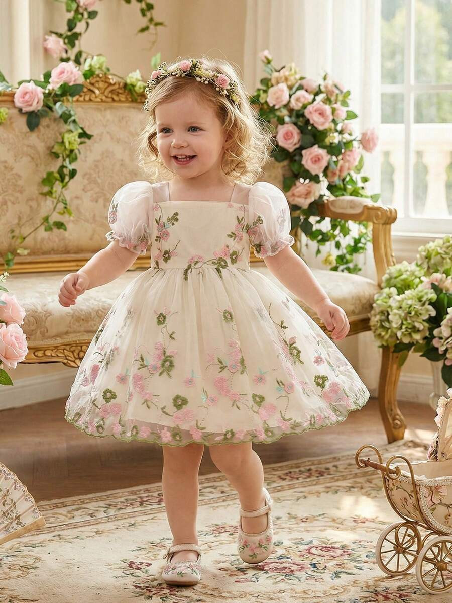 Souflis Souflis Baby Girl Infant Toddler 0-3 Years Old Spring/Summer Elegant Princess Floral Mesh... | SHEIN