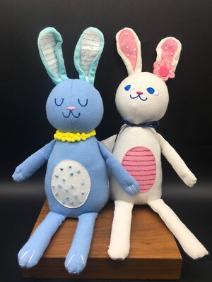 Bunny rabbits Target Spritz pair blue and white 10” shelf sitters cotton canvas | eBay US