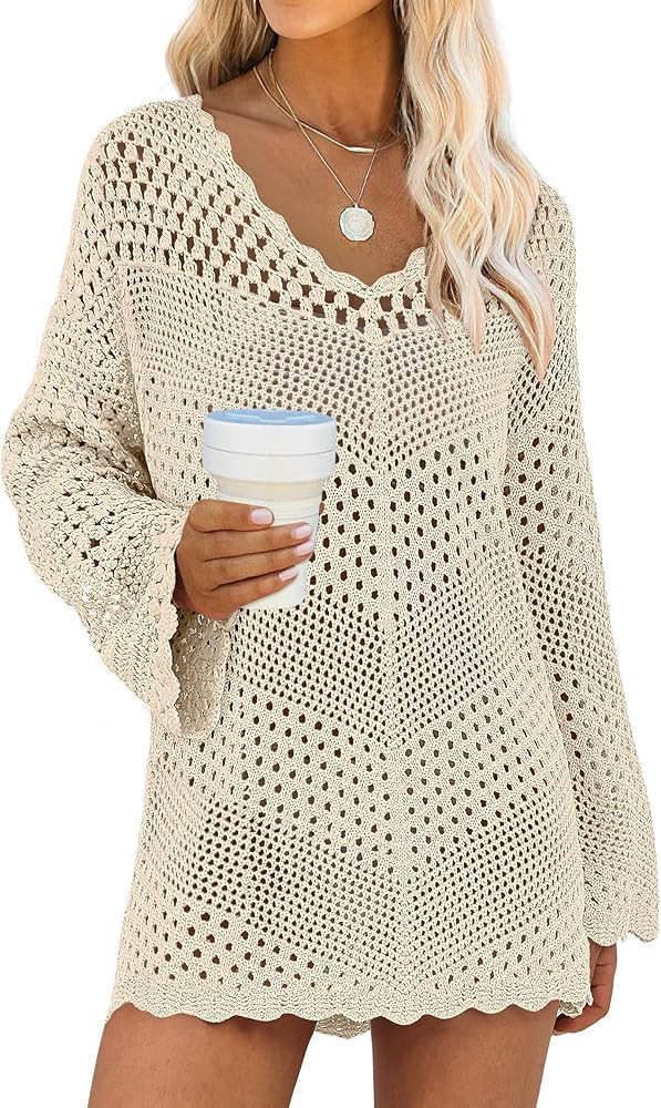 ANRABESS Swimsuit Cover Up for Women Crochet Bathing Suit Summer Swimwear V Neck Mesh Knit Dress ... | Amazon (US)