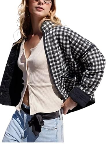 Omoone Women's Cropped Quilted Jacket Floral Printed LightWeight Padded Puffer Cardigan Coat Outwear(3950-09BlackWhite-S) | Amazon (US)