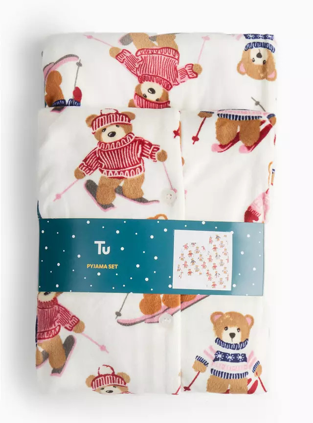 Mini Me Women's Christmas White Ski Bear Slinky Fleece Pyjamas M | Tu Clothing