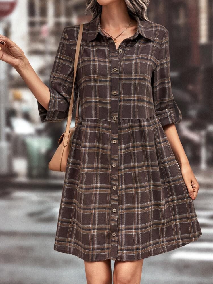 New
     
      Plaid Print Button Front Roll Up Sleeve Dress | SHEIN