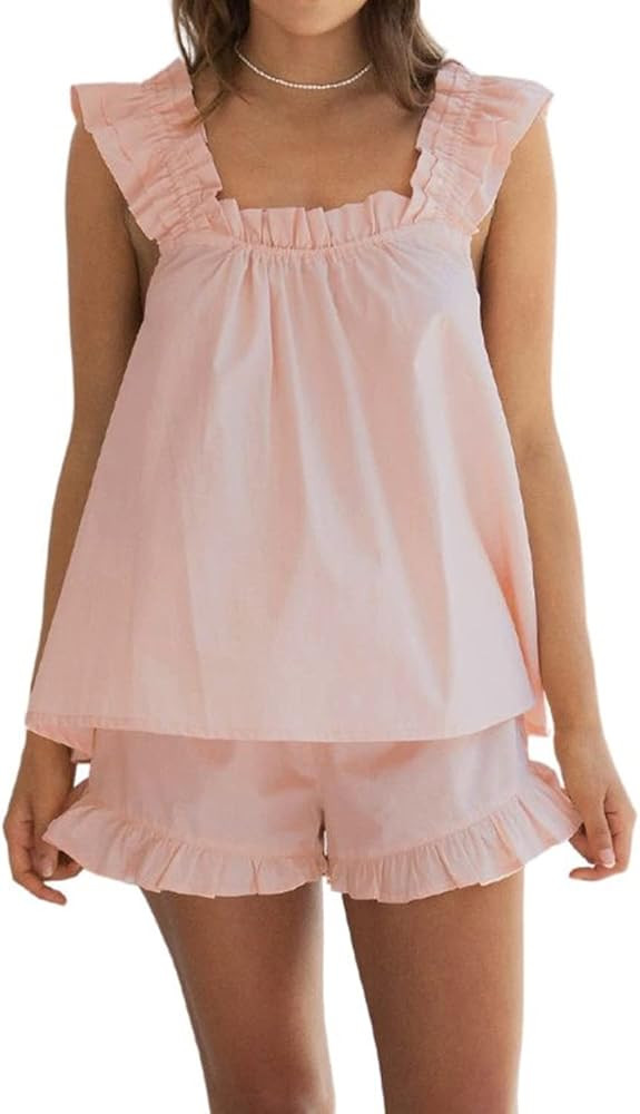 Womens Summer Pajama Sets 2 Piece Outfits Ruffle Trim Cami Top and Shorts Cotton Loungewear Set | Amazon (US)