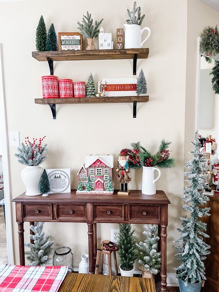 Floating shelves styled for Christmas 🎄✨ Christmas console table Christmas tree Christmas decor pencil tree flocked tree Christmas canister gingerbread house 

#LTKHoliday #LTKhome #LTKSeasonal
