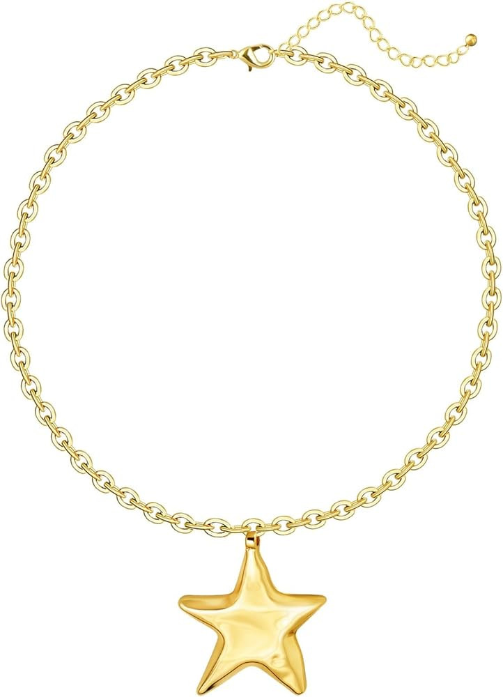 logohu Chunky Gold Statement Necklace Bold Hammered Star Pendant, Vintage Thick Chain Adjustable ... | Amazon (US)