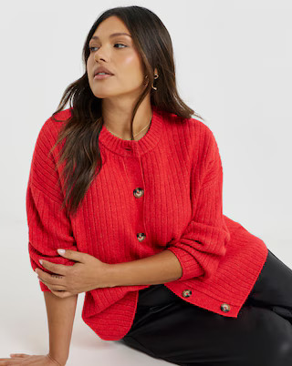Cosy Yarn Red Crew Neck Ribbed Cardigan | Simply Be | Simply Be (UK)
