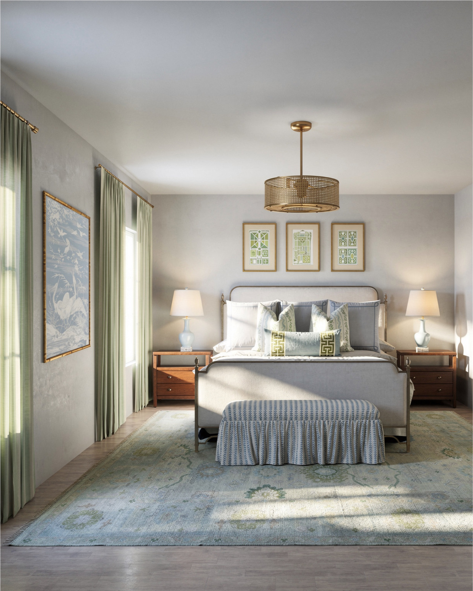Renders of the main bed view and view from the foot of the bed in this classic blue and green bedroom design! 

#LTKhome #LTKstyletip #LTKsalealert