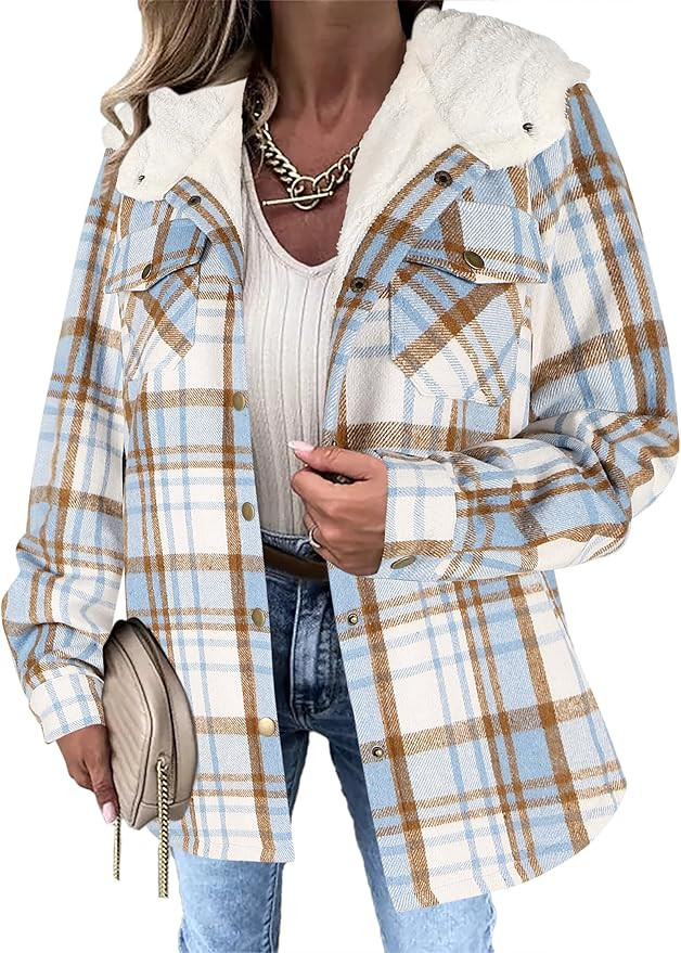 Zeagoo Womens Plaid Shacket Jacket Long Sleeve Button Down Fleece Hooded Jackets Warm Coat | Amazon (US)
