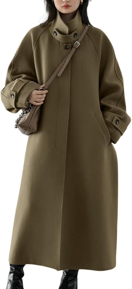 chouyatou Women's Winter Hidden Single Breasted Wool Coat Raglan Sleeve Business Long Wool Overco... | Amazon (US)
