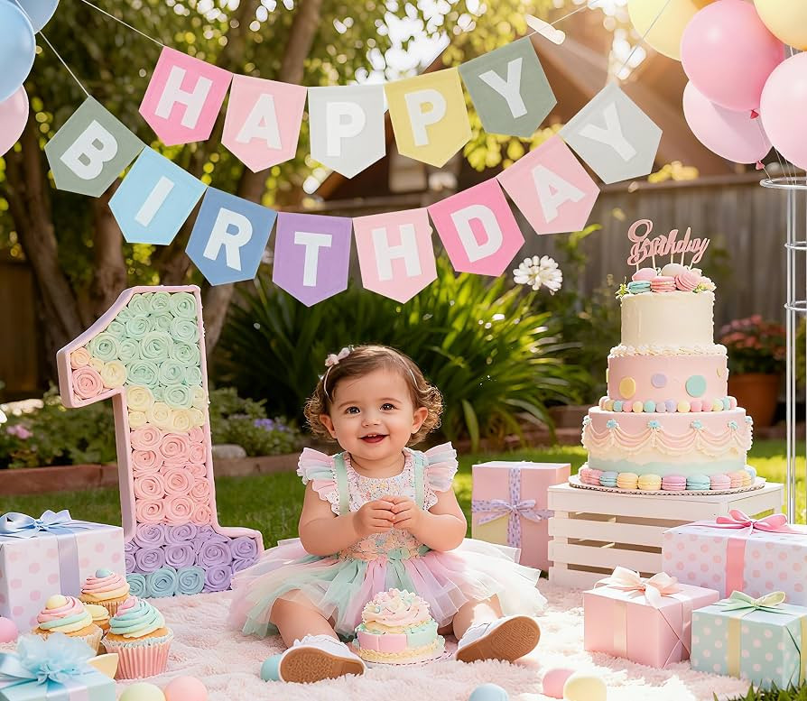 Happy Birthday Banner Felt Pastel Birthday Decorations Sign Pastel Rainbow Party Garland First Gi... | Amazon (US)