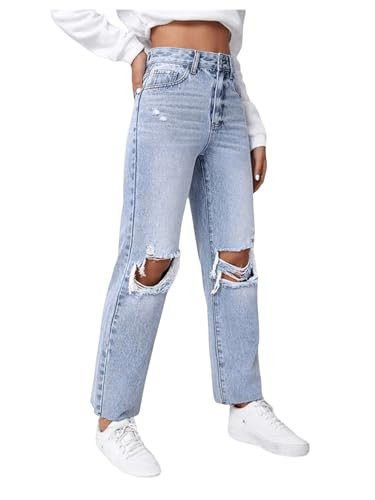 SweatyRocks Women's High Waist Ripped Distressed Cropped Jeans Straight Leg Denim Pants Light Wash Medium | Amazon (US)