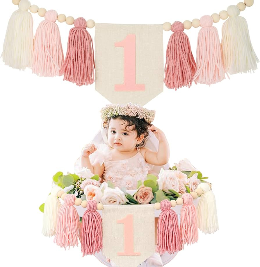 Handmade 1pc Boho 1st Birthday High Chair Banner Party Decoration For Girl Baby Shower Pink Wall ... | Amazon (US)