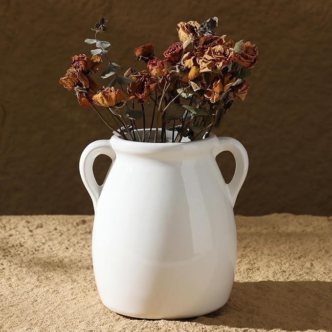 White Ceramic Vase, Modern Farmhouse Decor, Pampas Grass Flower Vase with 2 Handles, Small Vase f... | Amazon (US)