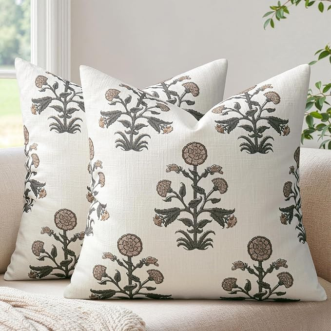MIULEE Set of 2 Vintage Pillow Covers Neutral Decorative Floral Throw Pillows Block Print Boho Fa... | Amazon (US)