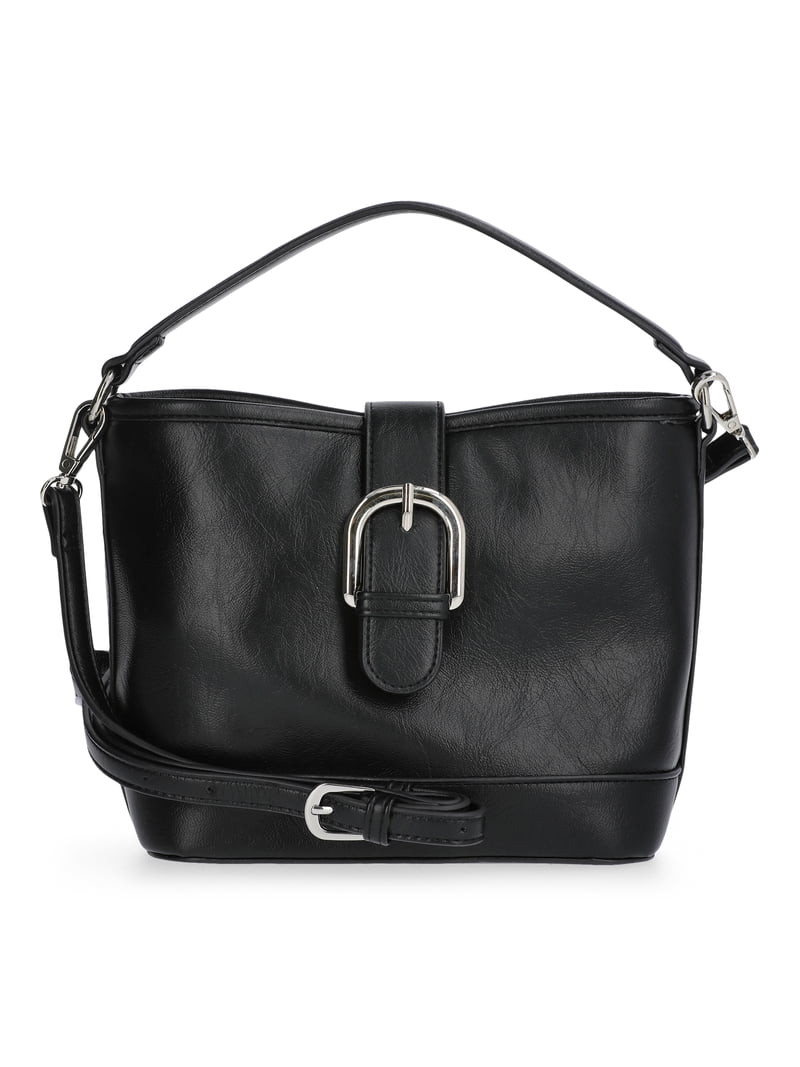 No Boundaries Women's Faux Leather Moto Bucket Bag, Black | Walmart (US)