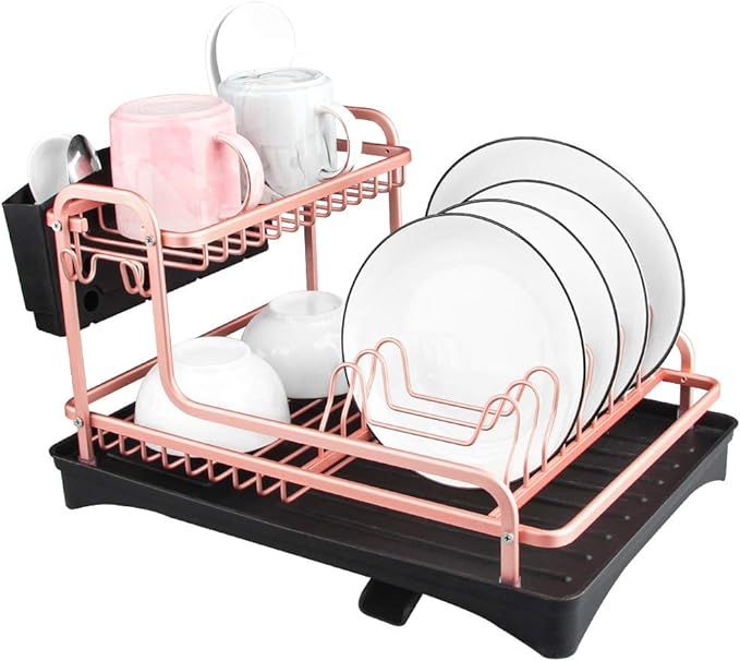 Never Rust Aluminum Dish Rack and Drain Board with Utensil Holder, Tomorotec 2-Tier Kitchen Plate... | Amazon (US)