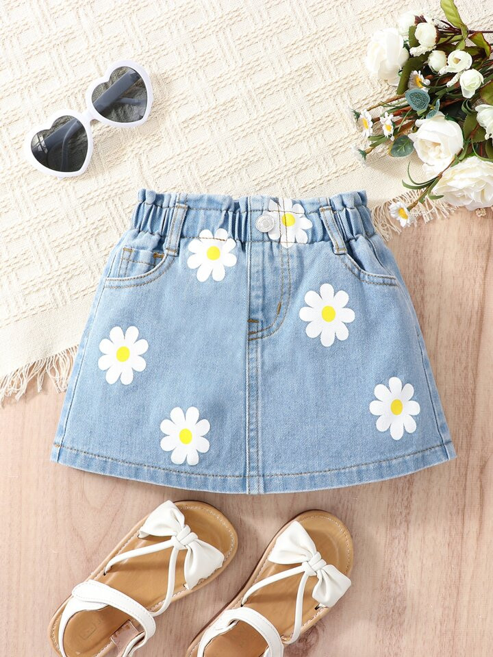 SHEIN Genkimix Kids Young Girl Floral Print Paperbag Waist Denim Skirt | SHEIN USA | SHEIN