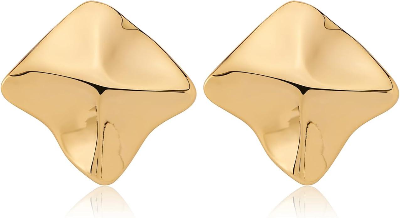 Gold Geometric Stud Earrings Chunky Statement Earrings for Women Irregular Crumpled Square Half-b... | Amazon (US)