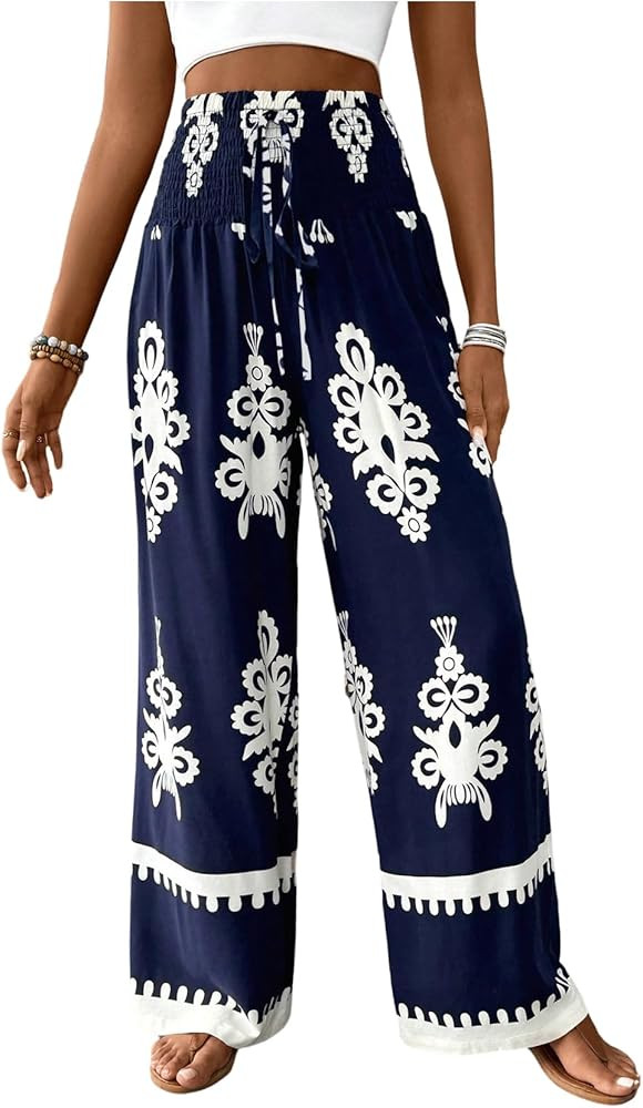 WDIRARA Women's Boho Floral Print Wide Leg Pants Smocked Drawstring High Waisted Trousers | Amazon (US)