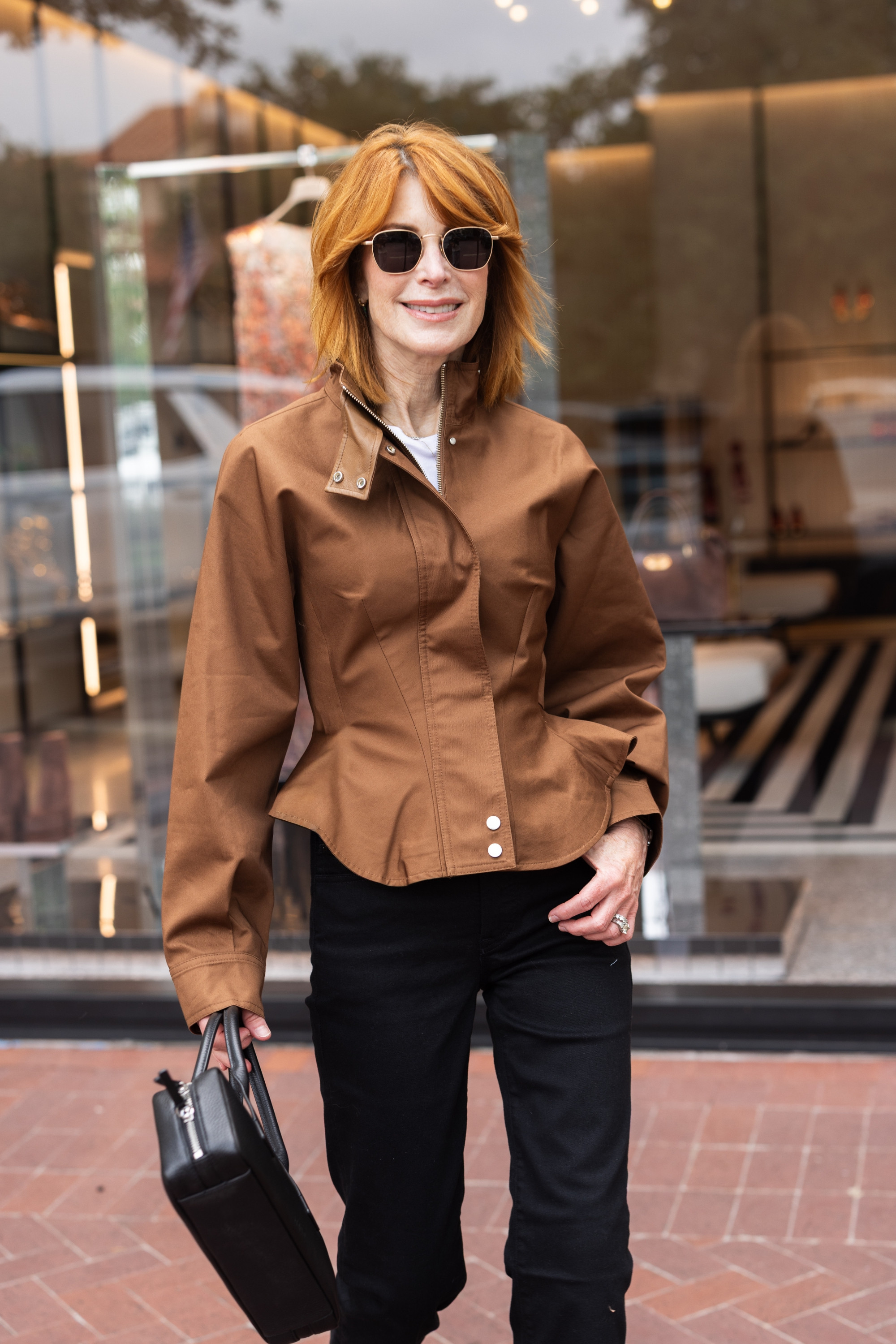 This sculpted brown jacket is such a chic early fall outfit piece — polished, modern, and easy with black jeans and leopard heels. Perfect for business casual workwear, lunch, or date night outfits. #LTKOver40 #FallOutfits #BusinessCasualWorkwear #DateNightOutfits #WorkOutfits 

 