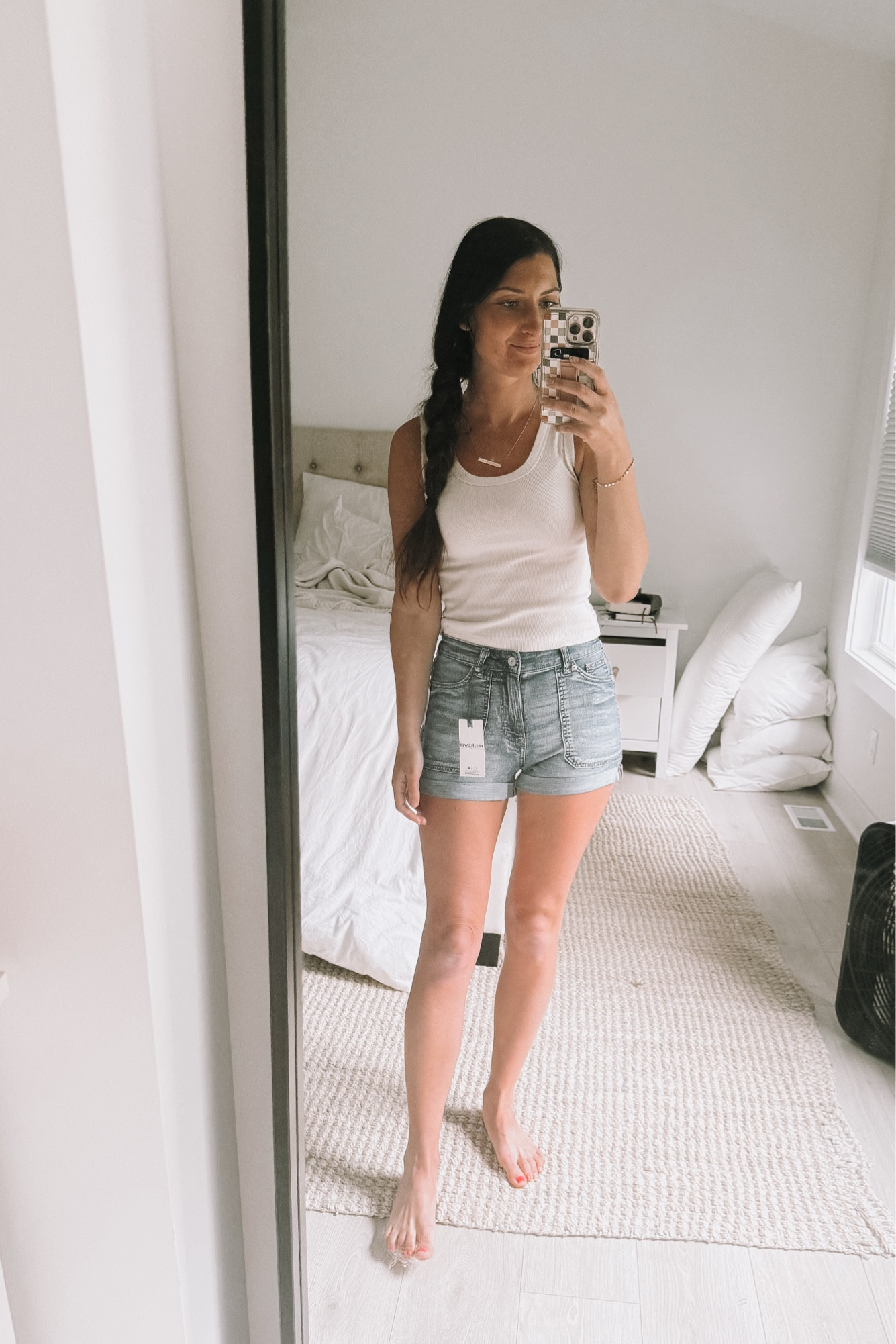 comfy jean shorts with elastic! I sized up one size in these 