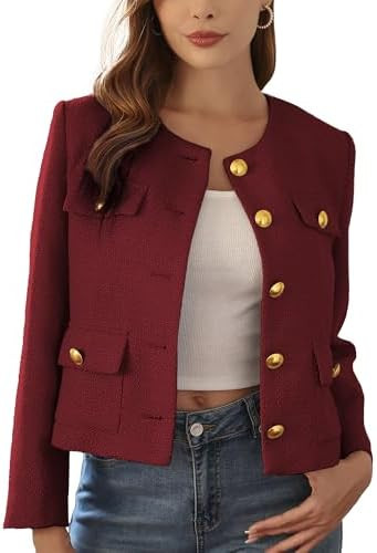 2026 Women Tweed Jacket Cropped Blazers Spring Summer Elegant Round Neck Pockets Business Casual ... | Amazon (US)