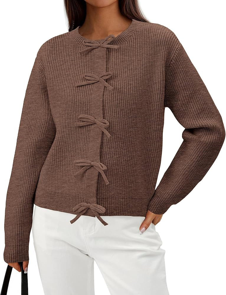 BTFBM Bow Cardigan Sweaters for Women Trendy 2025 Fall Winter Open Front Long Sleeve Button Down ... | Amazon (US)